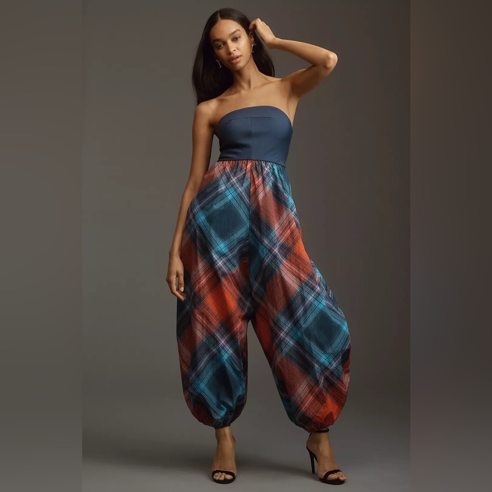 Anthropologie Maeve Blue Plaid Strapless Gathered Balloon Leg Jumpsuit NWT Sz S